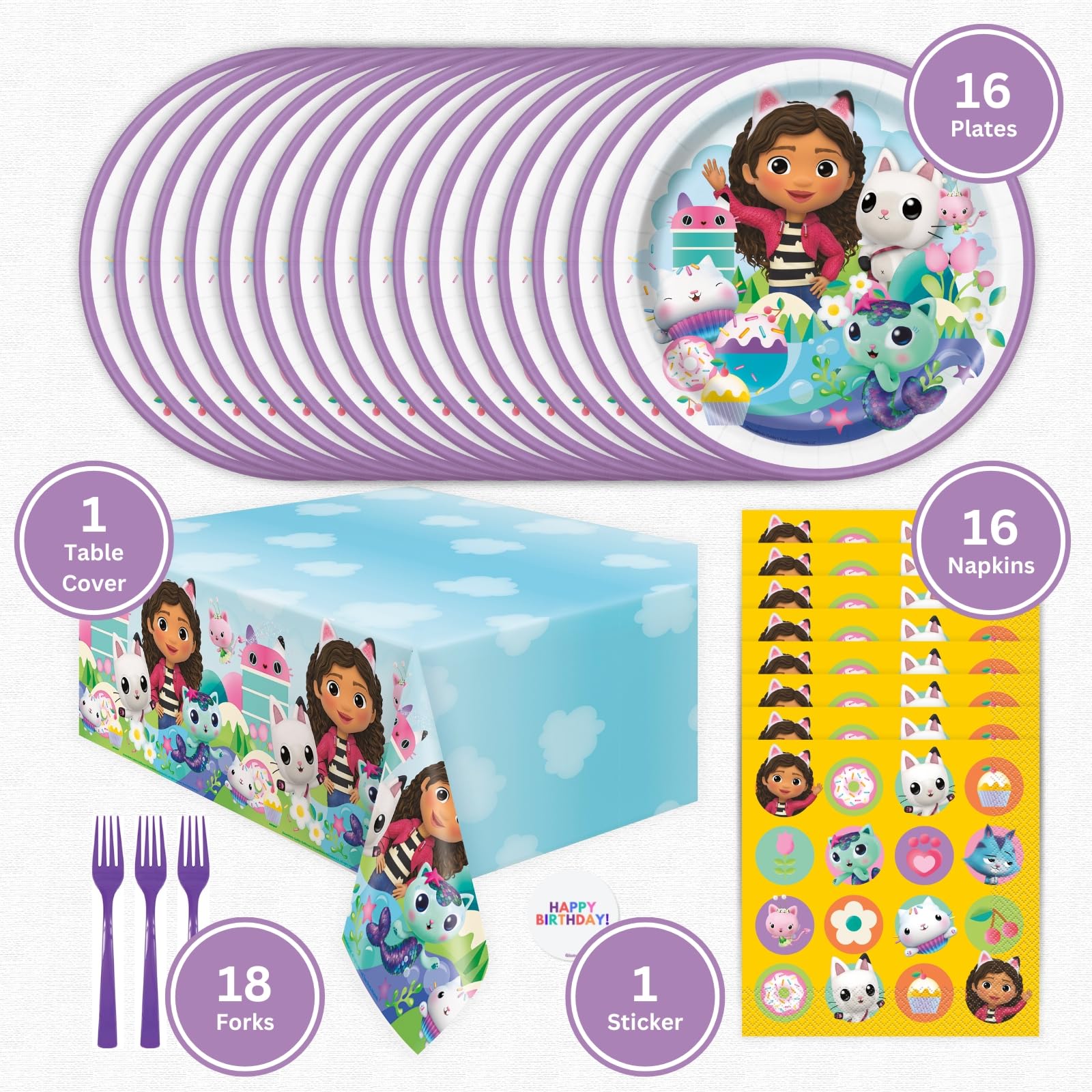 Unique Gabby's Dollhouse Party Supplies Pack for 16 Guests - Gabby Dollhouse Plates and Napkins, Table Cover, Forks, Sticker, Gabbys Doll House Birthday Party Decorations, Officially Licensed