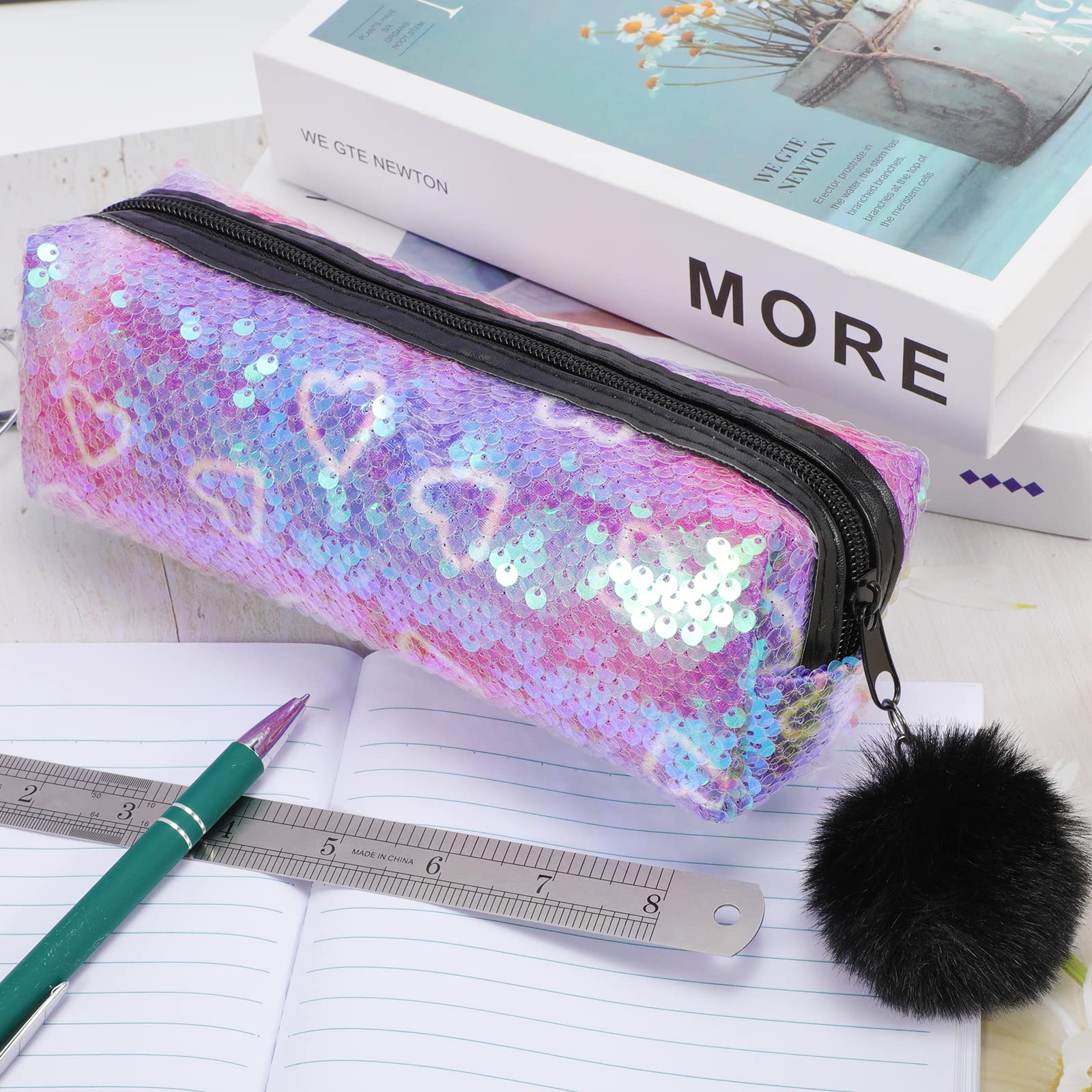 PHOGARY Sequin Preppy Pencil Case for Girls, Fluffy Zip Pull Pouch Bag Holographic Pen Case Sparkling School Stuff Shimmery Glitter Makeup Bag (Purple,Heart)