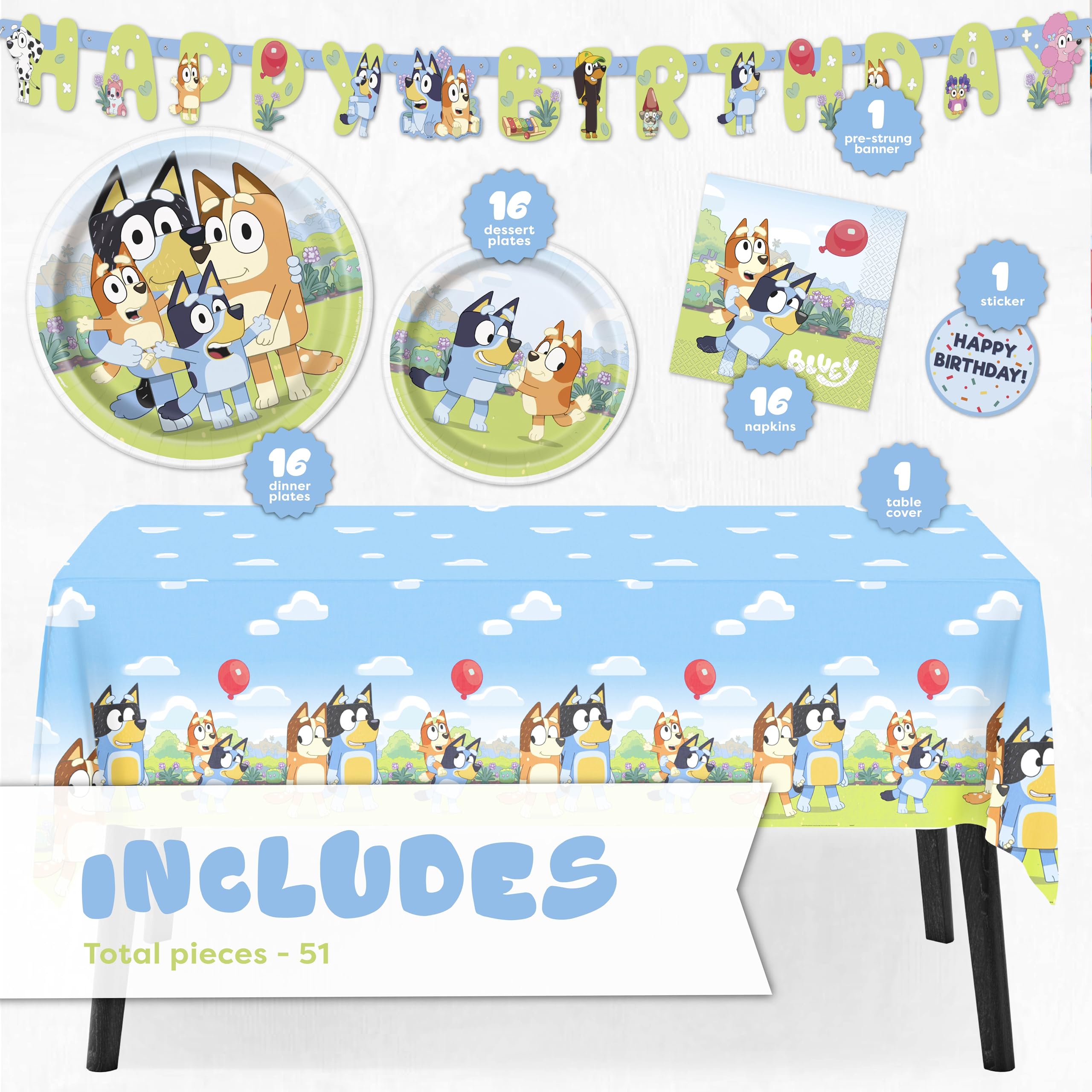 Unique Bluey Birthday Party Supplies | Serves 16 Guests | Bluey Party Supplies | Bluey Party Decorations | Banner, Table Cloth, Dinner & Cake Plates, Napkins, Sticker | Officially Licensed