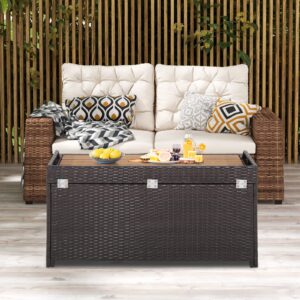 HAPPYGRILL Patio Storage Bench Rattan Wicker Deck Box with Acacia Wood Seat, Gas Strut, Zipper Liner, Handles, Outdoor Storage Container for Patio Furniture Cushions Pillows