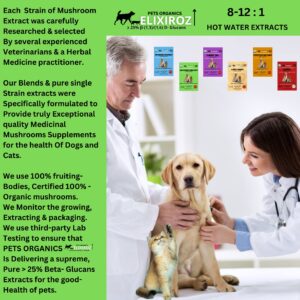 MAXIMUM IMMUNITY >25% β-glucan 100% Mushrooms Fruiting Body Extracts, Veterinarians formulation for Dogs & Cats Immune & Digestive Systems with Turkey tail & >35% β-glucan Reishi extracts.250 SERVINGS