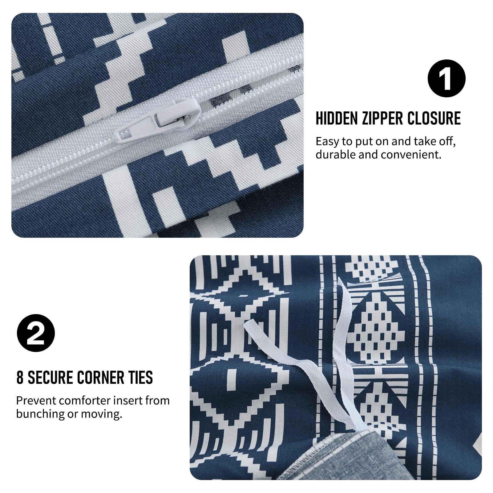 Navy Blue Duvet Cover King - 100% Cotton Duvet Cover King Size, 3 Pieces Aztec Geometric Duvet Cover Set, Super Soft Farmhouse Bedding Duvet Covers for All Season, 104"x90", No Comforter