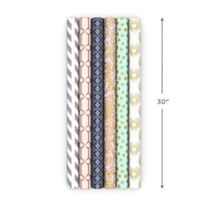 Hallmark Wrapping Paper with Cutlines on Reverse (6 Rolls: 180 Sq. Ft. Total) White and Silver Stripes, Mint Green, Gold Hearts and Flowers for Weddings, Bridal Showers, Birthdays