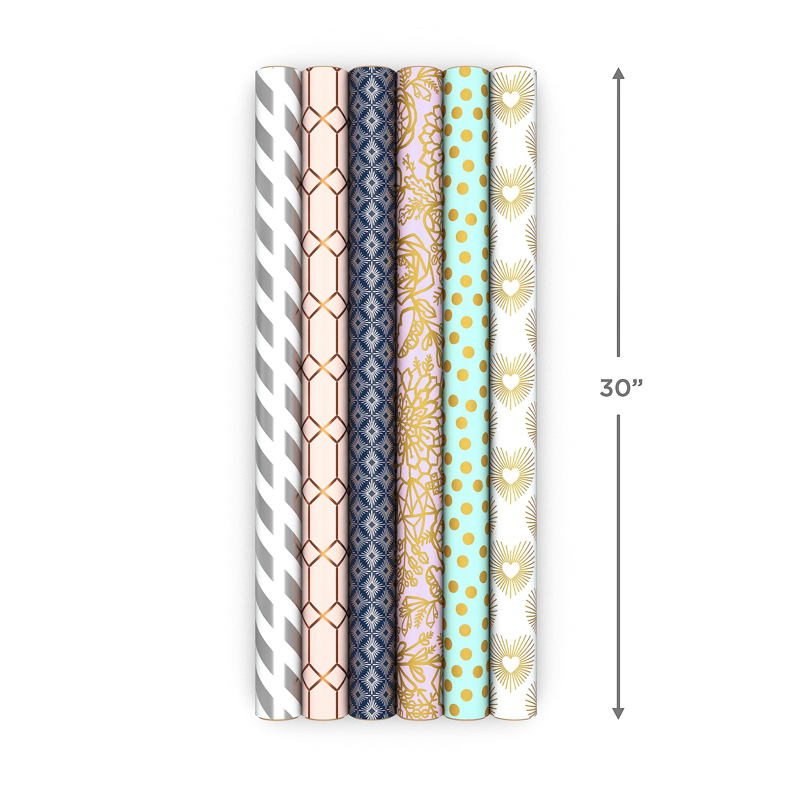 Hallmark Wrapping Paper with Cutlines on Reverse (6 Rolls: 180 Sq. Ft. Total) White and Silver Stripes, Mint Green, Gold Hearts and Flowers for Weddings, Bridal Showers, Birthdays