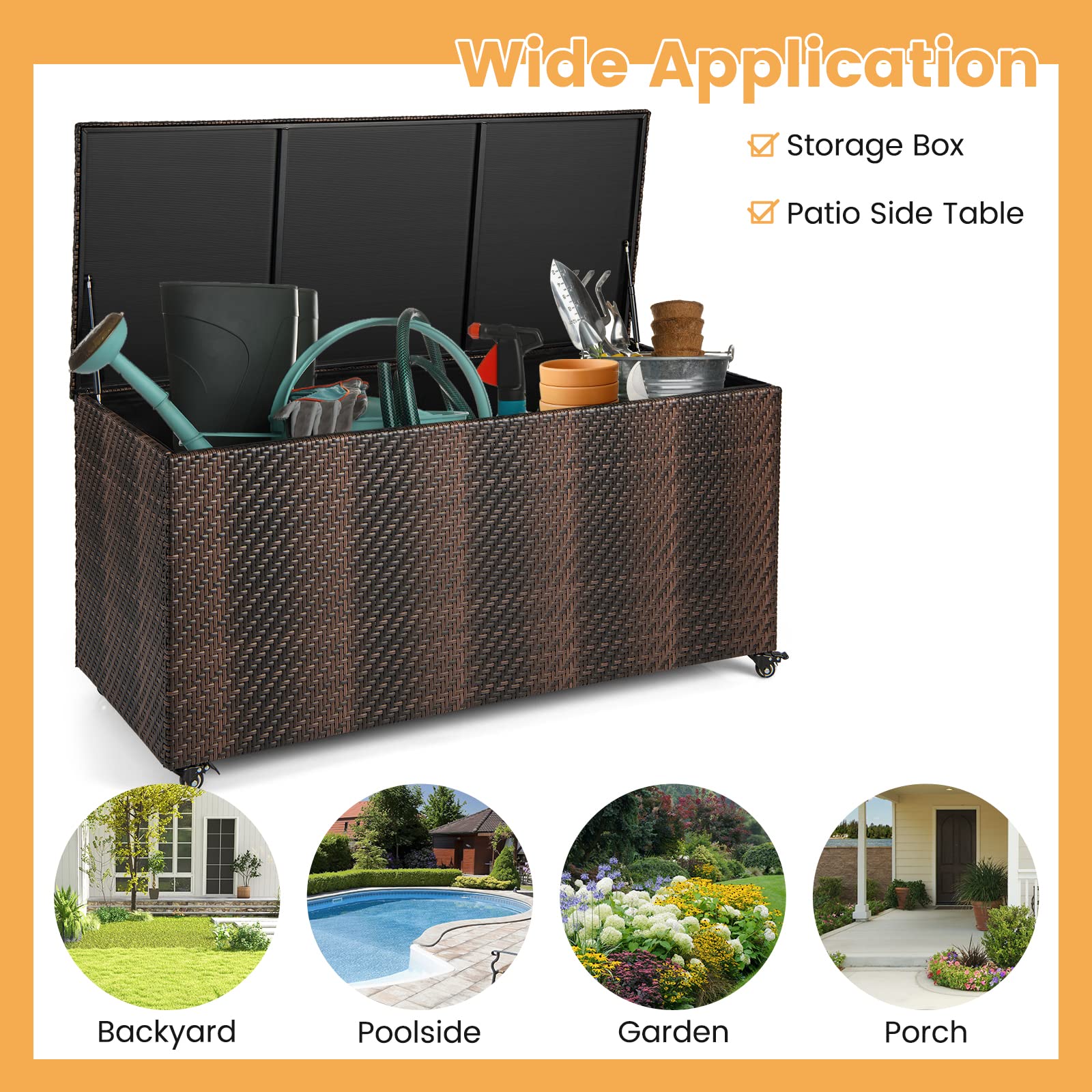 Giantex 96-Gallon Outdoor Storage Box - PE Wicker Deck Box with Lid, 4 Wheels, Waterproof Liner, outside Rattan Storage Container for Patio Cushions, Garden Tools Accessories Storage Box (Mix Brown)