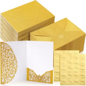 100 set 5 x 7 laser cut wedding invitations with envelopes and wax seal stickers pocket wedding invitation cards blank invitation kit for wedding bridal shower engagement invite (gold)