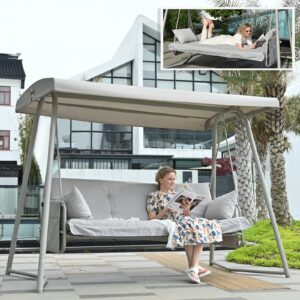 joybase 3 person outdoor porch swing with canopy, patio porch swing with stand, swing daybed bed bench with cushion and pillow, swing for deck, outside, garden, backyard, balcony