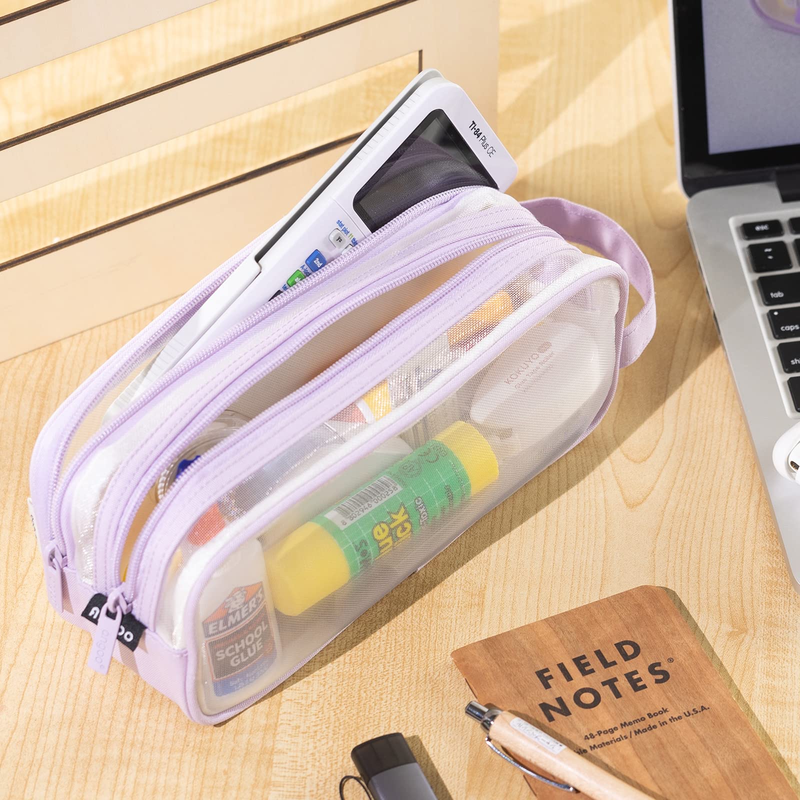 ANGOOBABY Large Grid Mesh Pencil Case 2 Compartment Pen Bag Clear Handheld Multifunction Pencil Pouch Transparent Makeup Bag for Teen Student College Business Travel Office Adult - Purple