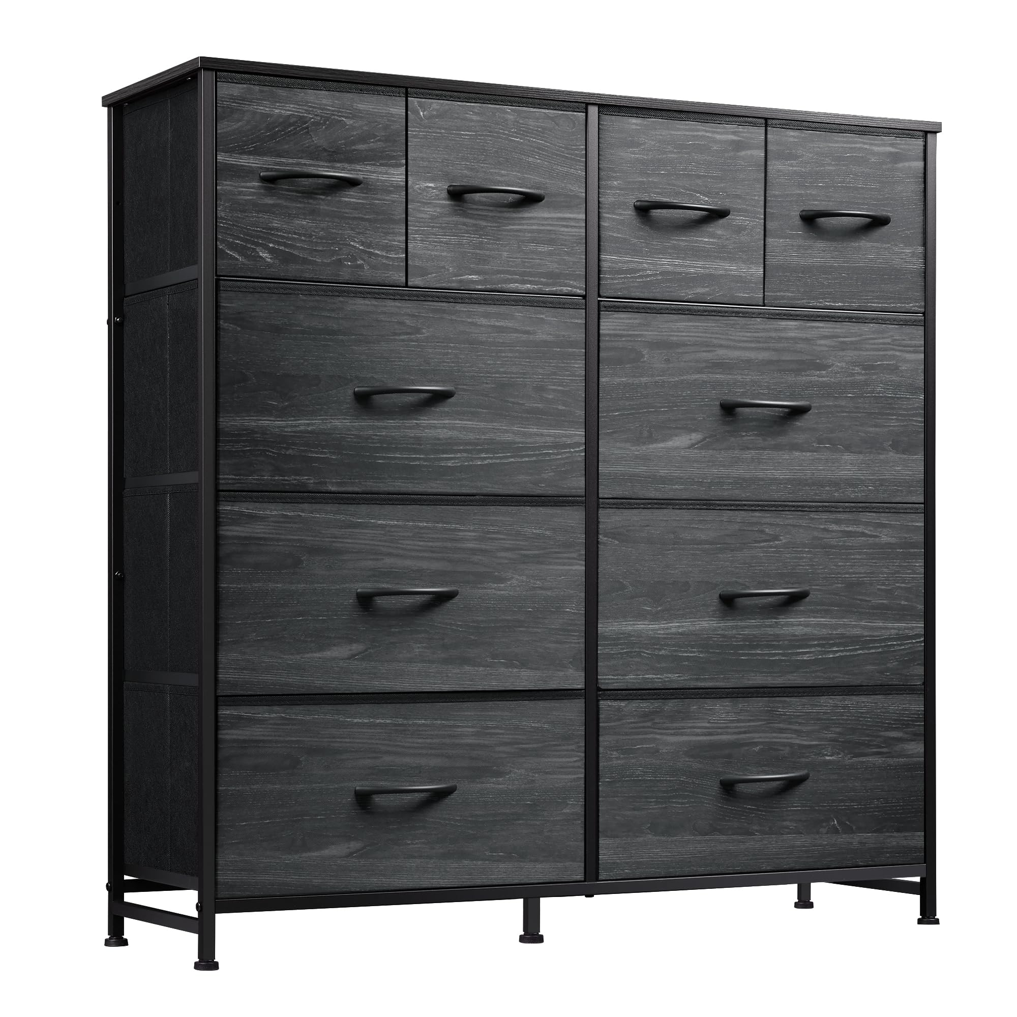 WLIVE Dresser for Bedroom with 10 Fabric Drawers, Tall Chest Organizer Units for Clothing, Closet, Storage Tower with Cabinet, Metal Frame, Wooden Top, Charcoal Black Wood Grain Print