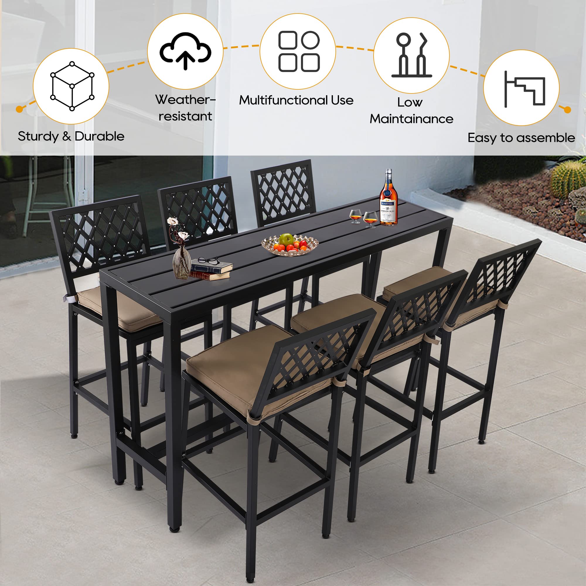 Sumshadow Outdoor Patio Bar Set, Bar Height Patio Dining Set, Weather-Resistant Bistro Counter Pub Set with Cushions & Slatted Tabletop for Backyard, Garden, Yard (63" Table, 6 "I Style Stool, Black)