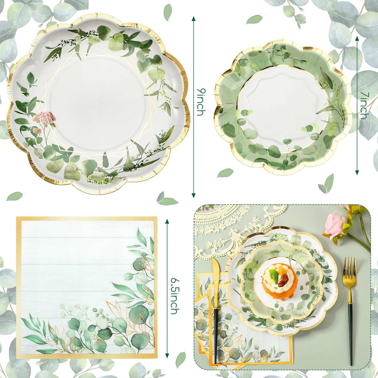 Tanlade 96 Pcs Sage Green Theme Party Supplies Plates and Napkins Serve 24, Disposable Eucalyptus Paper Plates Scalloped Dinner Plates 2 Ply Paper Napkins for Wedding Bridal Shower