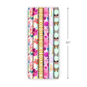 Hallmark Wrapping Paper Rolls for Birthday, Bridal Shower, Baby Shower, Gift Wrap Paper (Set of 6 Rolls: 180 sq. ft. ttl.) Butterflies, Gold Animal Print, Pink Flowers for All Occasions