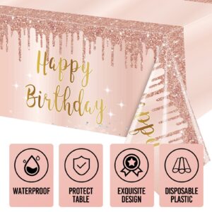 3 Pcs Pink Rose Gold Happy Birthday Tablecloth Decorations for Women, Happy Birthday Table Cover Party Supplies, 16th 21st 30th 40th 50th Birthday Plastic Disposable Rectangular Table Cloth Decor