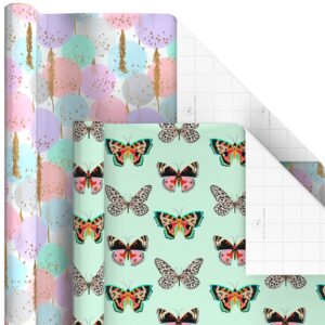 Hallmark Wrapping Paper Rolls for Birthday, Bridal Shower, Baby Shower, Gift Wrap Paper (Set of 6 Rolls: 180 sq. ft. ttl.) Butterflies, Gold Animal Print, Pink Flowers for All Occasions