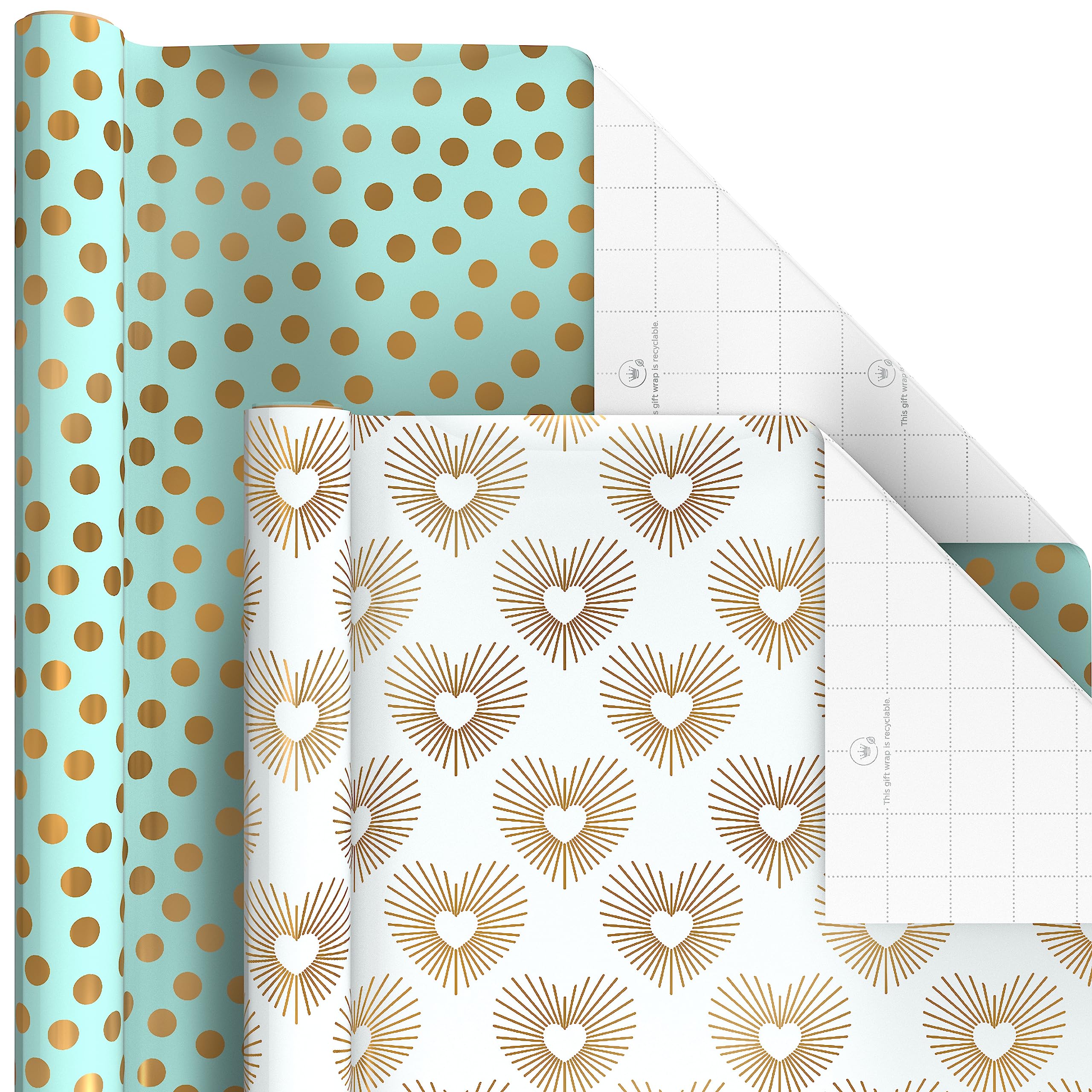 Hallmark Wrapping Paper with Cutlines on Reverse (6 Rolls: 180 Sq. Ft. Total) White and Silver Stripes, Mint Green, Gold Hearts and Flowers for Weddings, Bridal Showers, Birthdays