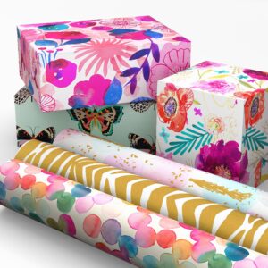 Hallmark Wrapping Paper Rolls for Birthday, Bridal Shower, Baby Shower, Gift Wrap Paper (Set of 6 Rolls: 180 sq. ft. ttl.) Butterflies, Gold Animal Print, Pink Flowers for All Occasions