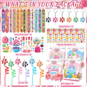 Erweicet Candyland Party Favors Sweet Lollipops Slap Bracelets DIY Stickers Temporary Tattoos Keychains Plastic Straws Gift Bags for Kids Girls Sweet Candy Theme Birthday Party Baby Shower