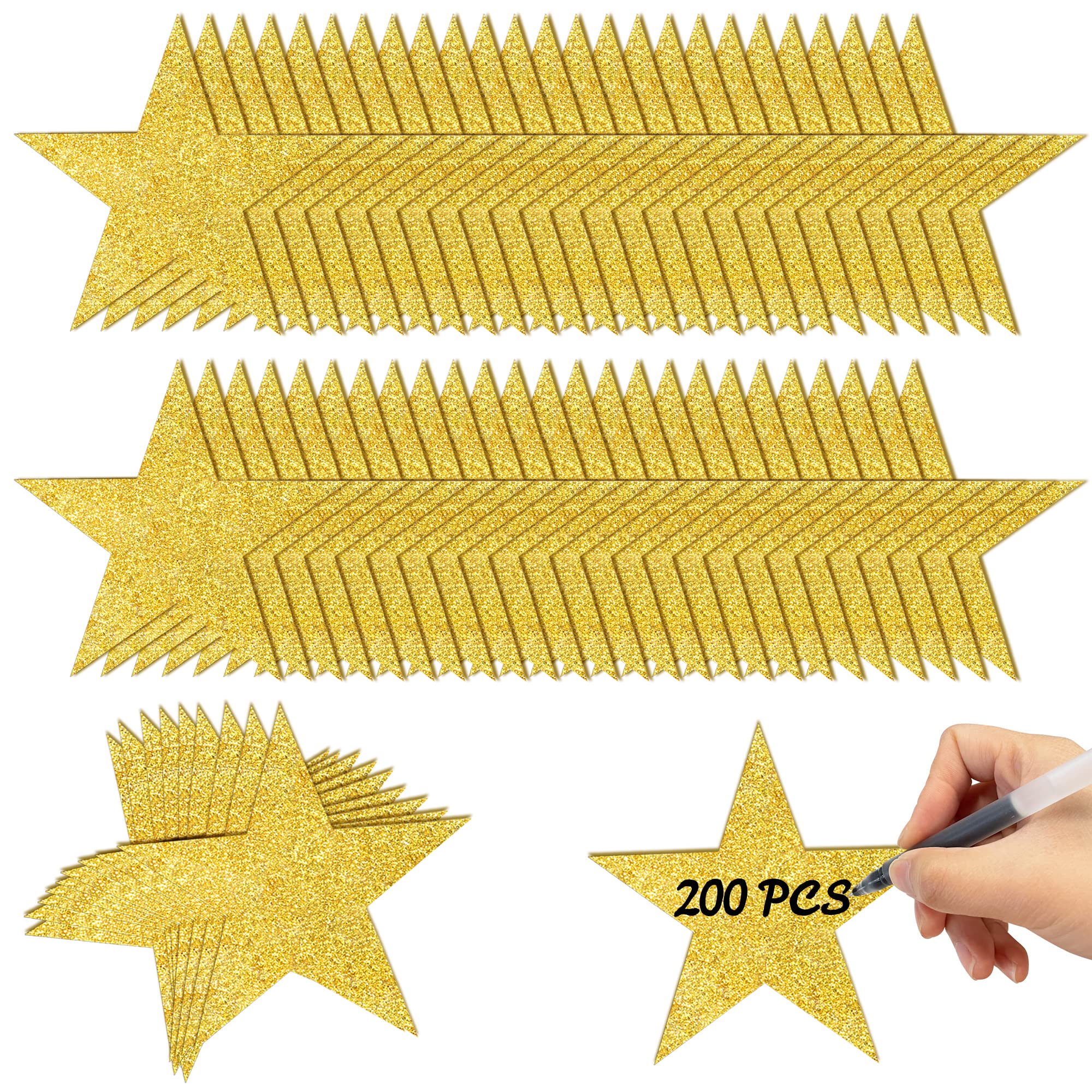 200 PCS Glitter Gold Five Star Cutouts Paper Star Confetti Cutouts Gold Star Cutouts for Bulletin Board Stars Accents Classroom Wall Party Decoration Supply