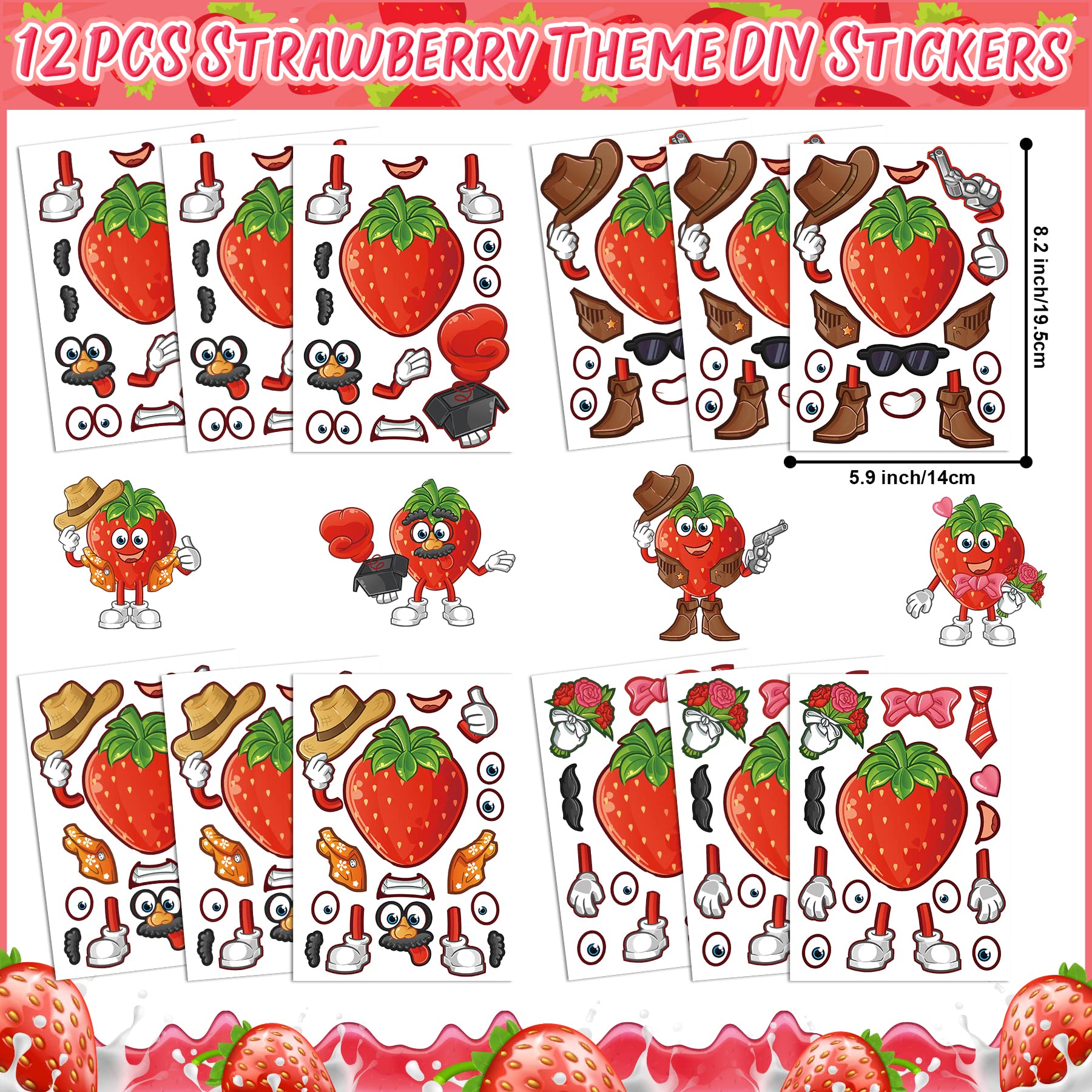 Strawberry Party Favor 72 PCS Sweet Berry Slap Bracelets DIY Stickers Temporary Tattoos Keychain Plastic Straws Gift Bags for Kids Girls Birthday Party Baby Shower Summer Fruit Goodie Bag Fillers