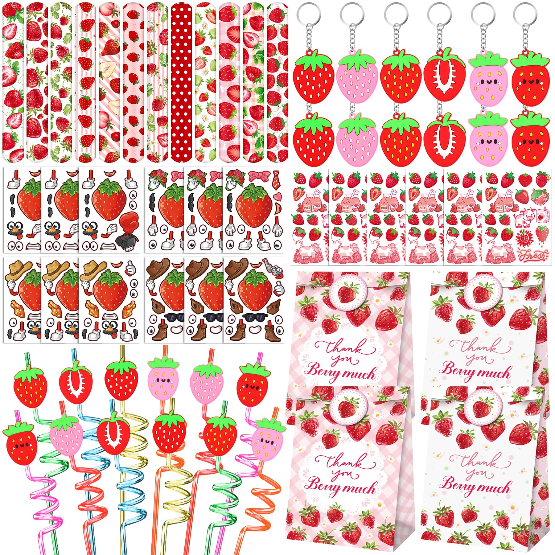 Strawberry Party Favor 72 PCS Sweet Berry Slap Bracelets DIY Stickers Temporary Tattoos Keychain Plastic Straws Gift Bags for Kids Girls Birthday Party Baby Shower Summer Fruit Goodie Bag Fillers