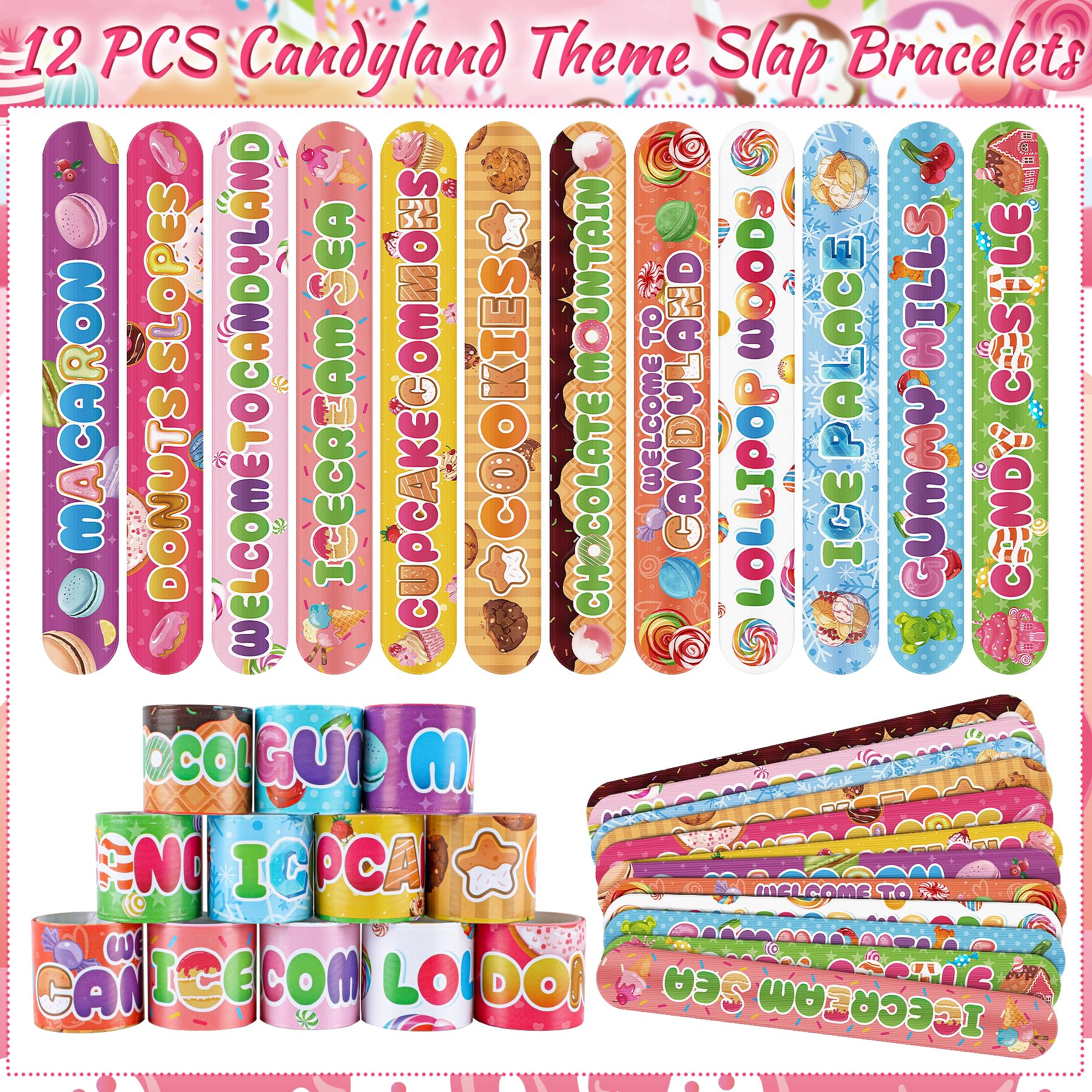 Erweicet Candyland Party Favors Sweet Lollipops Slap Bracelets DIY Stickers Temporary Tattoos Keychains Plastic Straws Gift Bags for Kids Girls Sweet Candy Theme Birthday Party Baby Shower