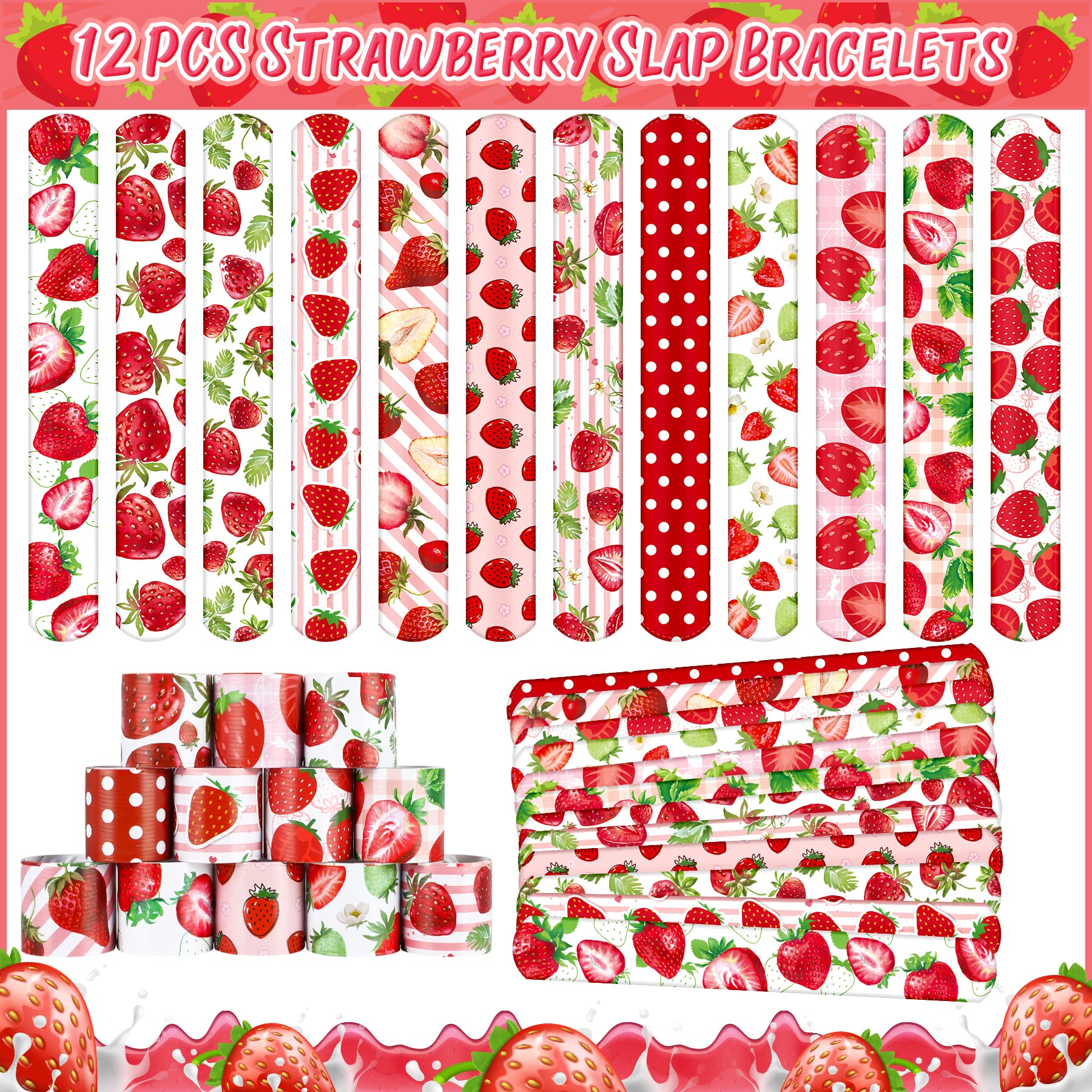 Strawberry Party Favor 72 PCS Sweet Berry Slap Bracelets DIY Stickers Temporary Tattoos Keychain Plastic Straws Gift Bags for Kids Girls Birthday Party Baby Shower Summer Fruit Goodie Bag Fillers