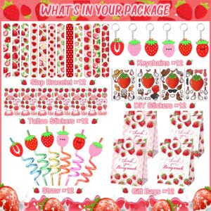 Strawberry Party Favor 72 PCS Sweet Berry Slap Bracelets DIY Stickers Temporary Tattoos Keychain Plastic Straws Gift Bags for Kids Girls Birthday Party Baby Shower Summer Fruit Goodie Bag Fillers