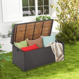 HAPPYGRILL Patio Storage Bench Rattan Wicker Deck Box with Acacia Wood Seat, Gas Strut, Zipper Liner, Handles, Outdoor Storage Container for Patio Furniture Cushions Pillows