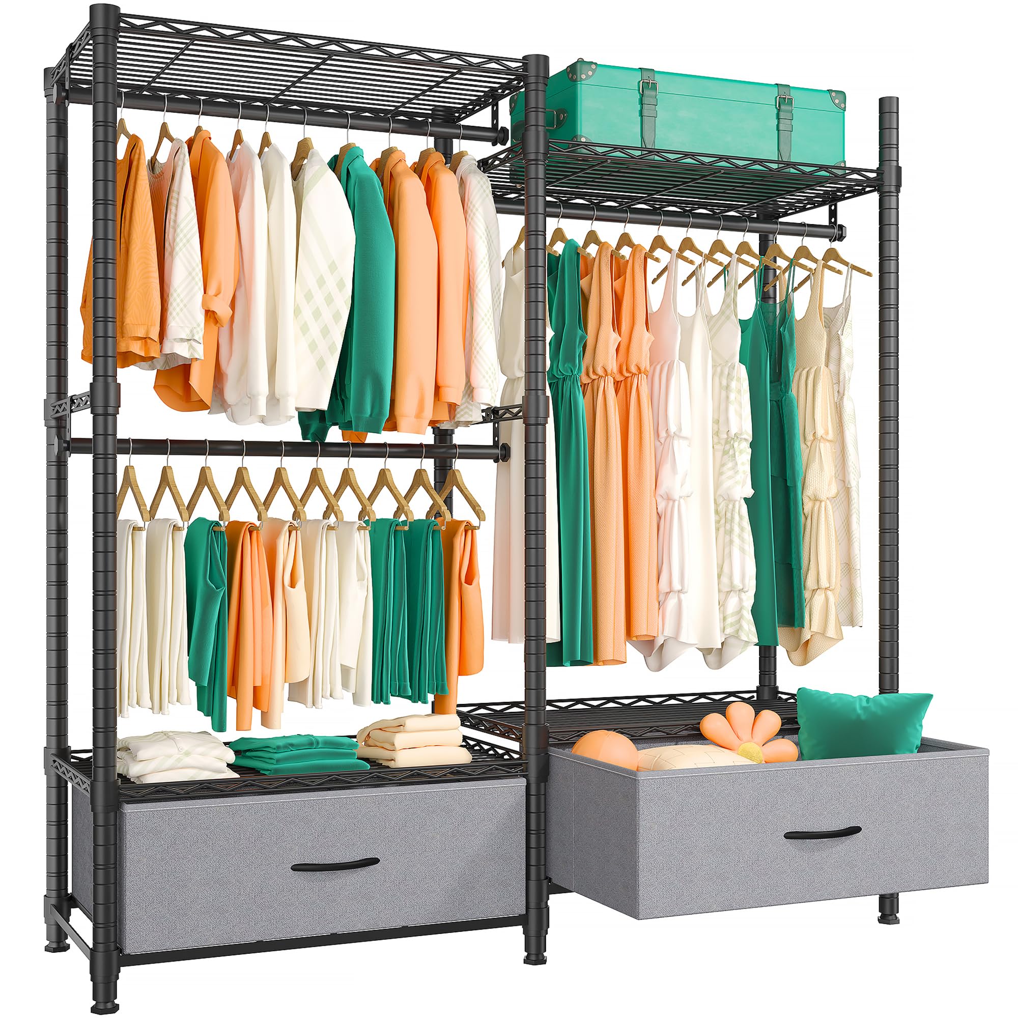 REIBII Garment Rack Clothing Rack for Hanging Clothes 150+ Load 650lbs Freestanding Wardrobe Closet with 2 Drawers, 3 Hanging Rods Clothes Rack for Extra Closet Space, 15.9" D x 46.5" W x 70.9" H