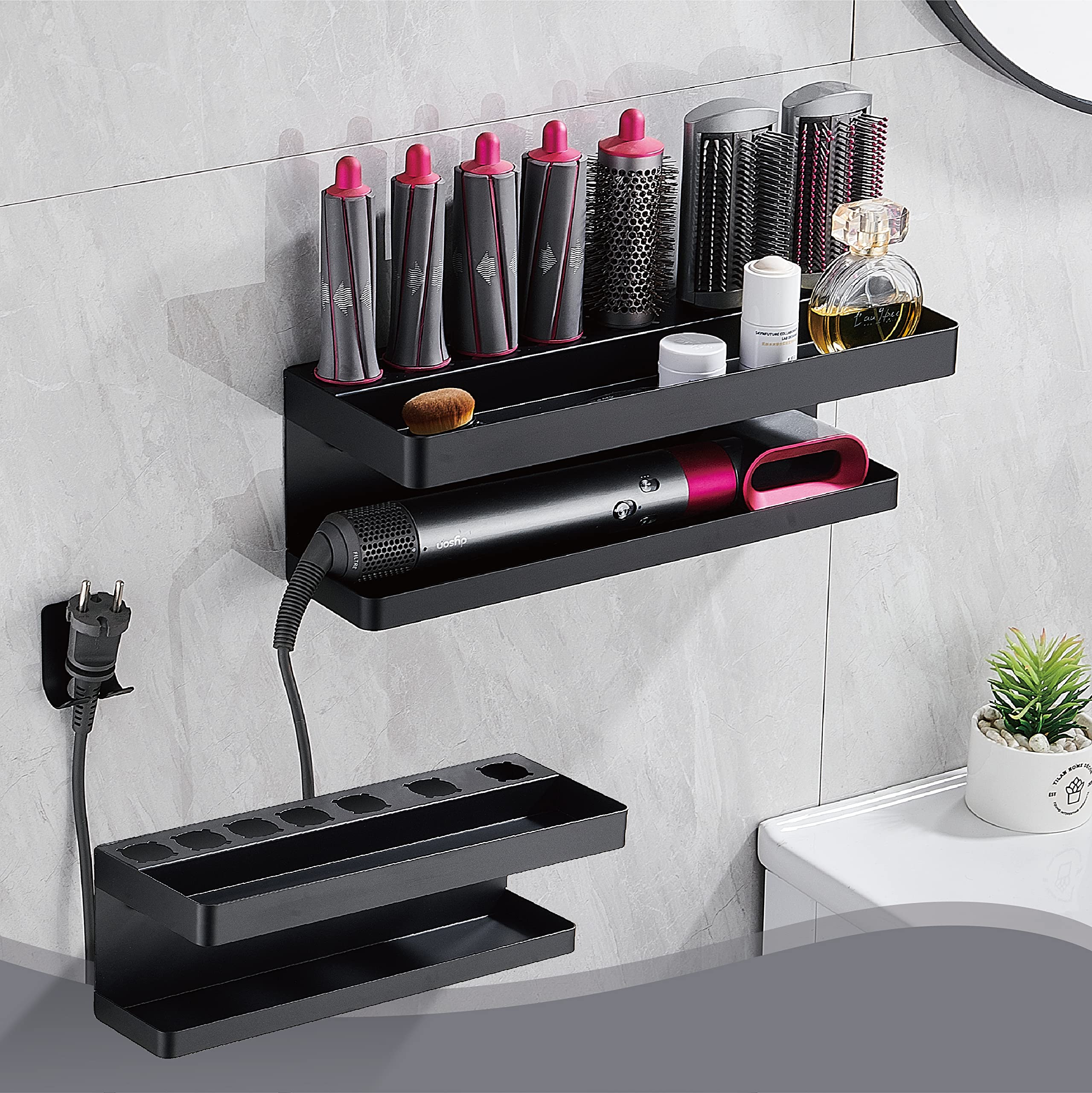 Wall Mounted Airwrap Holder for Dyson - SS304 Hair Dryer Organizer，2 layers with Extra Storage Space for Home Bathroom Shelf Organizer