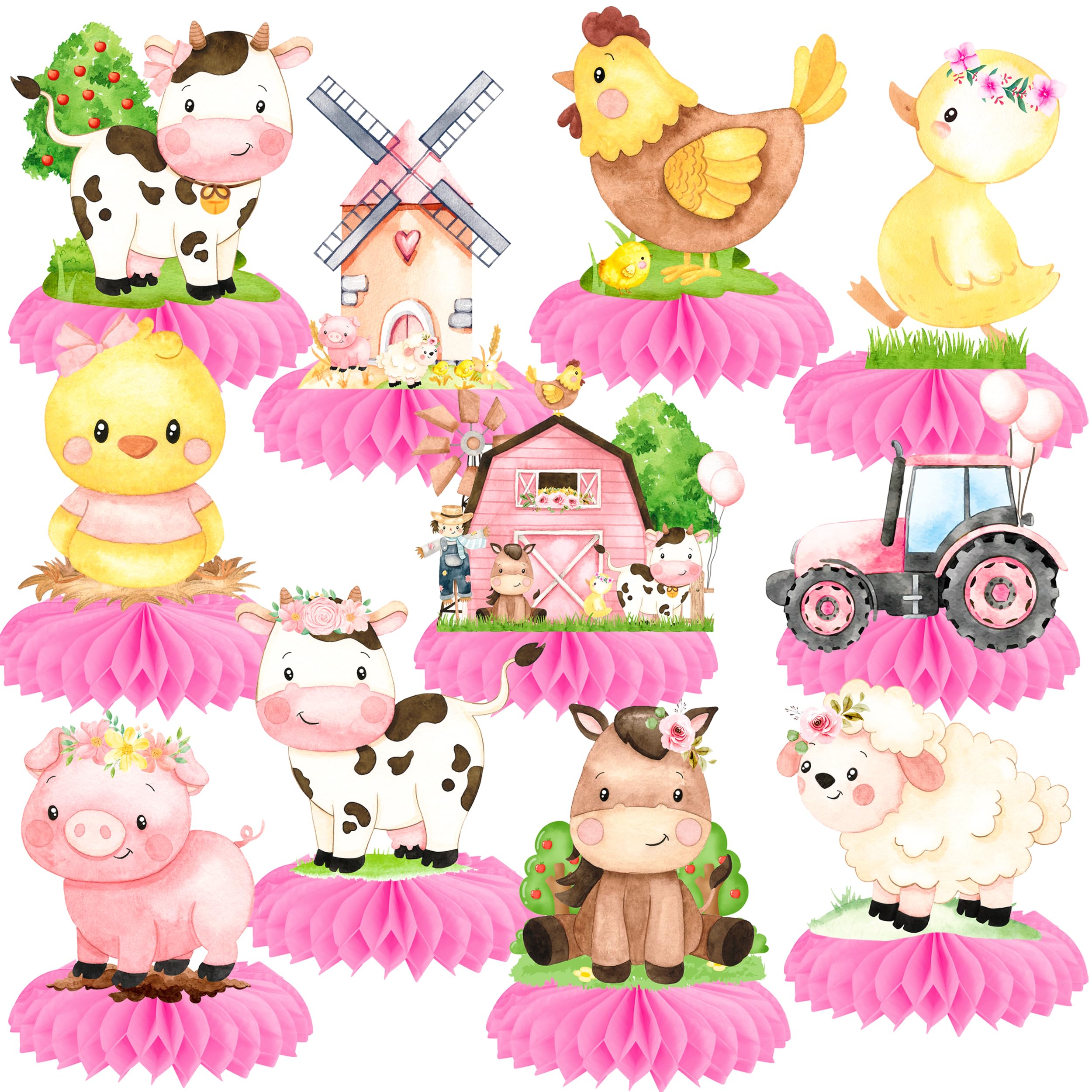 11Pcs Pink Farm Animals Honeycomb Centerpieces Farm Theme Party Table Centerpieces Barnyard Party Honeycomb Decorations Farm Birthday Party Table Decorations for Farm Theme Baby Shower Supplies