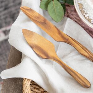 Teak Wood Cake Server and Knife Set - Cake Knife and Server Set - Cake Serving Set - Wooden Cake Server - Heavyweight & Light Toned with No Logo for Photoshoots, Wedding, Birthday, Gifts