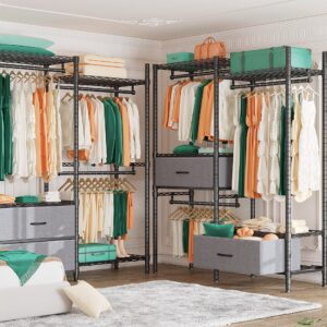 REIBII Garment Rack Clothing Rack for Hanging Clothes 150+ Load 650lbs Freestanding Wardrobe Closet with 2 Drawers, 3 Hanging Rods Clothes Rack for Extra Closet Space, 15.9" D x 46.5" W x 70.9" H