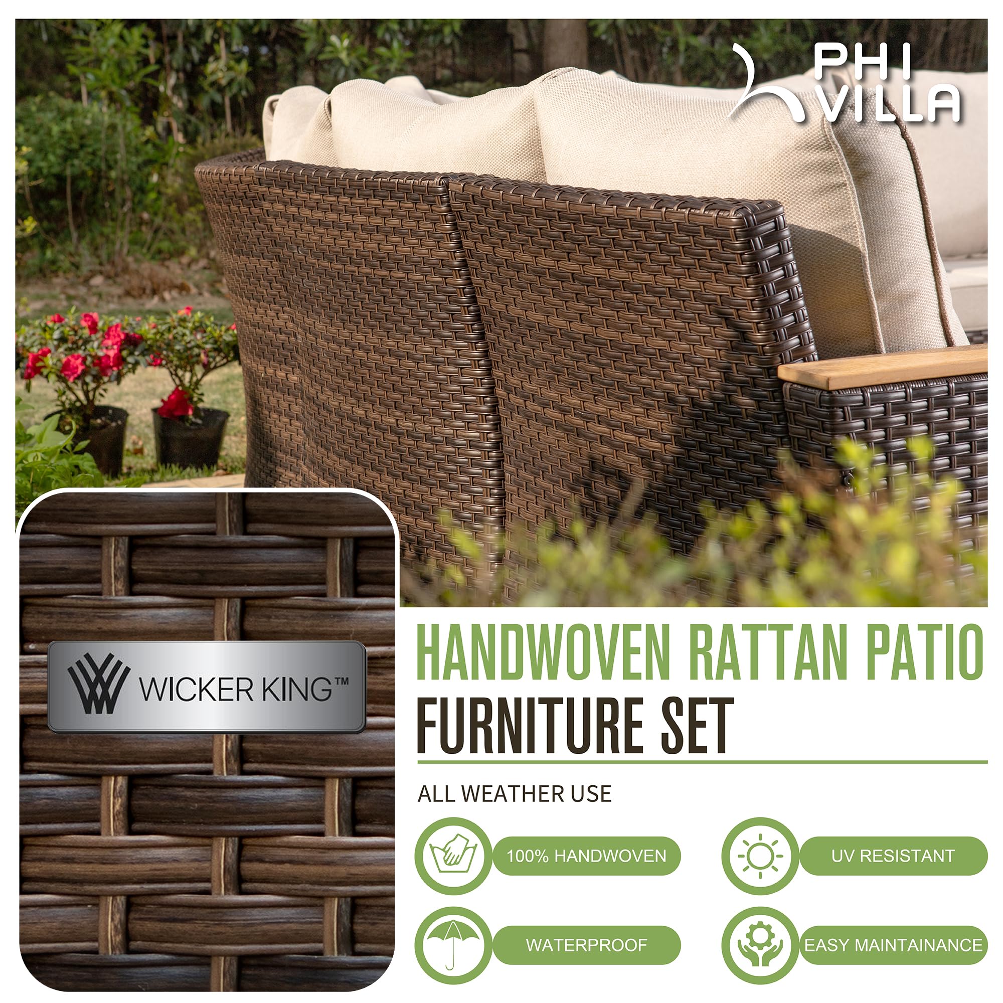 PHI VILLA 7-Piece Wicker Patio Conversation Set, Outdoor Rattan Sectional Furniture Patio Set for 7 Seats with Cushioned 2 x Single Sofa, 2 x Armrest Chair, 2 x Ottoman and 1 x Armless Sofa, Beige