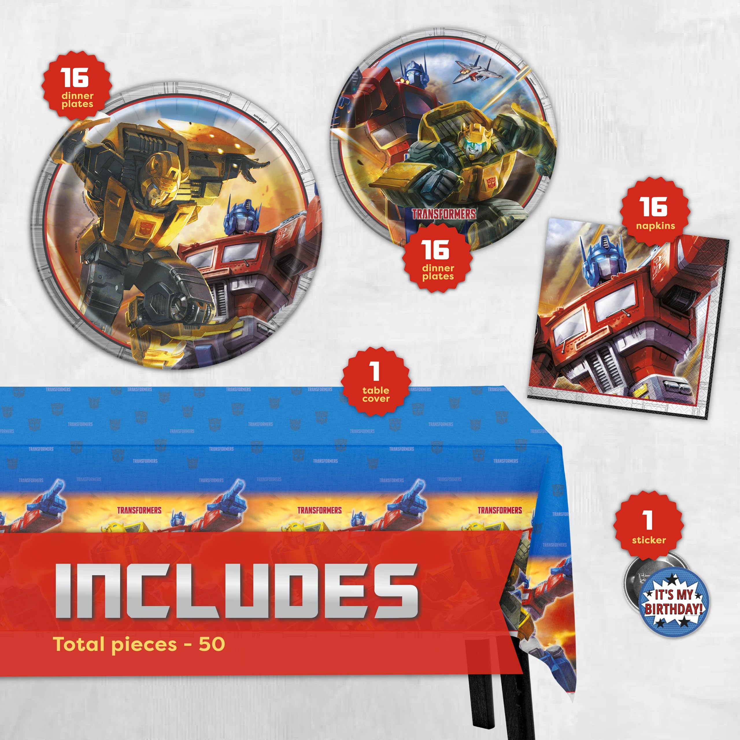 Transformers Birthday Party Supplies | Serves 16 Guests | Transformers Party Supplies | Transformer Dinner & Cake Plates, Napkins, Tablecover, Button | Officially Licensed