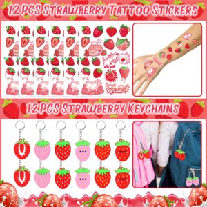 Strawberry Party Favor 72 PCS Sweet Berry Slap Bracelets DIY Stickers Temporary Tattoos Keychain Plastic Straws Gift Bags for Kids Girls Birthday Party Baby Shower Summer Fruit Goodie Bag Fillers