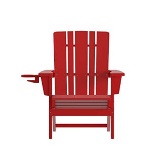 Flash Furniture Halifax Adirondack Chair with Cup Holder, Weather Resistant Poly Resin Adirondack Chair, Red