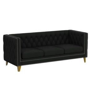 80" Couches for Living Room, Modern Button Tufted Velvet Upholstered Sofa Couch with Square Armrests Inlaid with Gold Nail Heads and 4 Golden Metal Legs for Office, Living Room, Apartment, Black