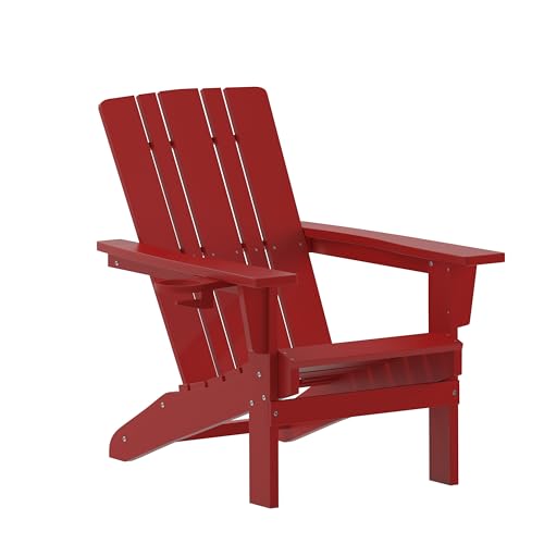 Flash Furniture Halifax Adirondack Chair with Cup Holder, Weather Resistant Poly Resin Adirondack Chair, Red