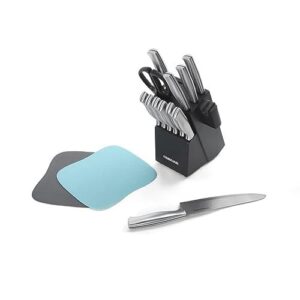 farberware stainless steel knife block set with built-in sharpener and cutting mats, 15-piece value set, high-carbon stainless steel kitchen knives, razor-sharp knife set with boards, black