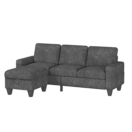 Sunrise Coast Sectional Sofa Couch L-Shaped Sofa Modern Linen Fabric 3-Seat Couch with Convertible Storage Ottoman Grey Living Room Furniture Set for Apartment Loft Small Spaces