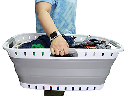 SAMMART 44L (11.6 gallon) Collapsible Plastic Laundry Basket-Foldable Pop Up Storage Container-Portable Washing Tub- pace Saving Hamper, Water Capacity: 35L (9.2 gallon) (White/Grey (Set of 2))