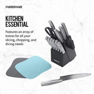 Farberware Stainless Steel Knife Block Set with Built-In Sharpener and Cutting Mats, 15-Piece Value Set, High-Carbon Stainless Steel Kitchen Knives, Razor-Sharp Knife Set with Boards, Black