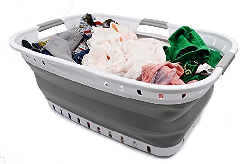 SAMMART 44L (11.6 gallon) Collapsible Plastic Laundry Basket-Foldable Pop Up Storage Container-Portable Washing Tub- pace Saving Hamper, Water Capacity: 35L (9.2 gallon) (White/Grey (Set of 2))