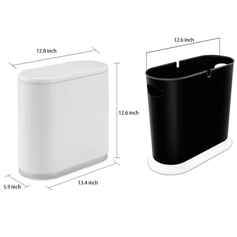 Baosia 12 Liter White Rectangular Plastic Trash Can Wastebasket with Press Type Lid,3.2Gallon Slim Trash Bin,Narrow Trash Can Waste Bins for Bedroom, Bathroom, Office,Kitchen，Powder Room