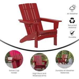 Flash Furniture Halifax Adirondack Chair with Cup Holder, Weather Resistant Poly Resin Adirondack Chair, Red