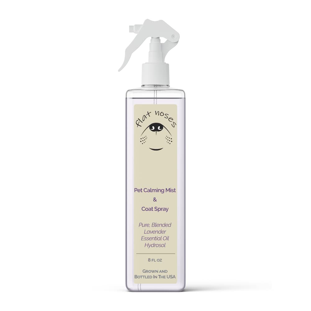 Flat Noses Pet Calming Mist - Pure Organic Lavender - Relieve Dog Stress from Fireworks, Travel, Vet Visits, Separation Anxiety- Aromatherapy Anti-Anxiety Stress Reliever- 8 oz Calming Spray for Dogs