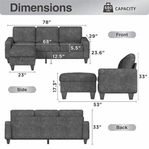 Sunrise Coast Sectional Sofa Couch L-Shaped Sofa Modern Linen Fabric 3-Seat Couch with Convertible Storage Ottoman Grey Living Room Furniture Set for Apartment Loft Small Spaces