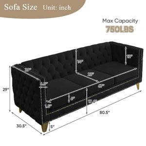 80" Couches for Living Room, Modern Button Tufted Velvet Upholstered Sofa Couch with Square Armrests Inlaid with Gold Nail Heads and 4 Golden Metal Legs for Office, Living Room, Apartment, Black