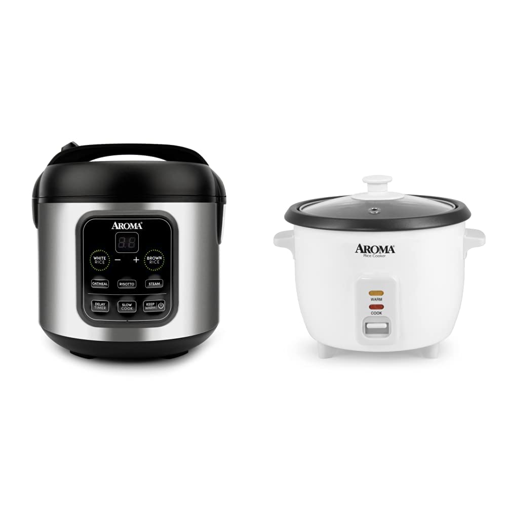 Aroma Housewares ARC-994SB Rice & Grain Cooker Slow Cook, Steam, Oatmeal, Risotto, 8-cup cooked/4-cup uncooked/2Qt, Stainless Steel & Aroma 6-cup 1.5 Qt. One Touch Rice Cooker, White, 1.5 Qt.